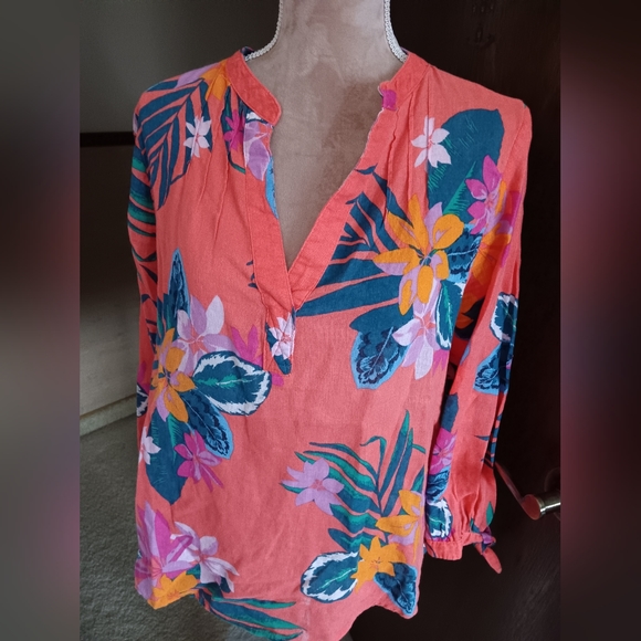 Old Navy~Relaxed Tie Cuff Linen Blend Tropical Orange Blouse - Picture 14 of 15